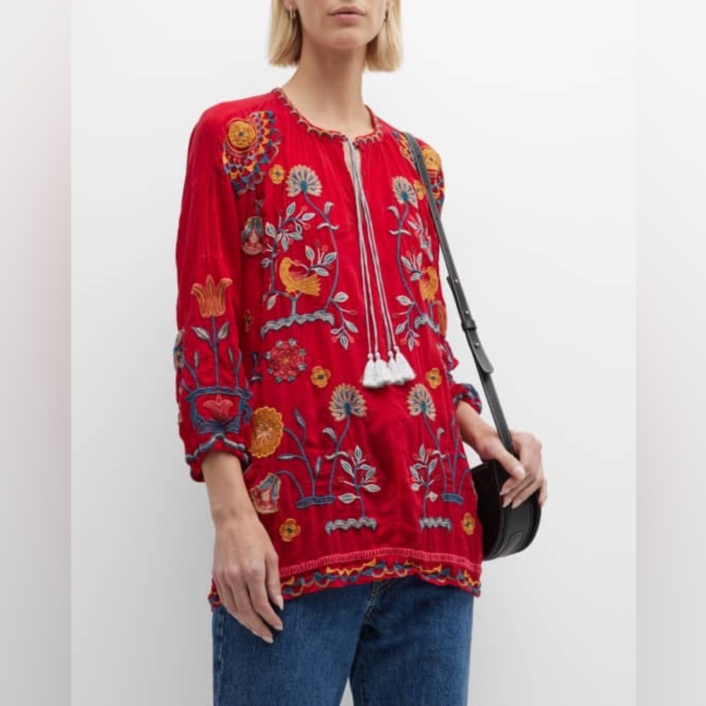 JOHNNY WAS Mayson Floral Embroidered Neck-Tie Tunic in red